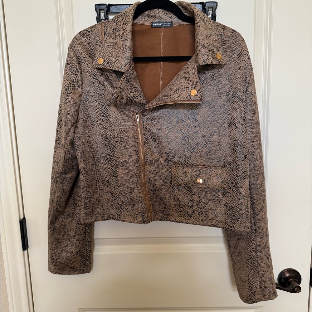 SHEIN Brown Snake-Print Moto Jacket
